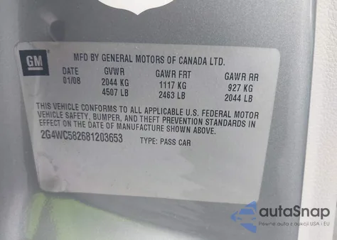 2008 Buick Lacrosse Cx z USA, uszkodzony, nr VIN 2G4WC582681203653